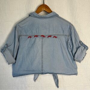 Red Ants Pants Custom Chambray Denim XL Crop Top Pearl Snap Tie Front Roll Tab